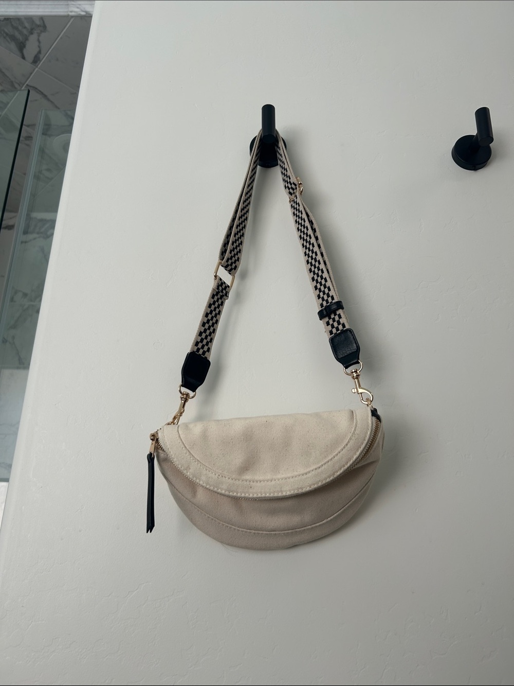 Cream Canvas Crescent Crossbody Bag with Patterned Strap